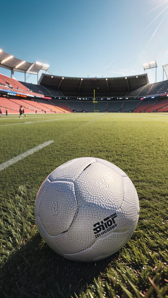 A football on the grass, in the background the stadium and a football goal. high resolution, sehr viel Detail
