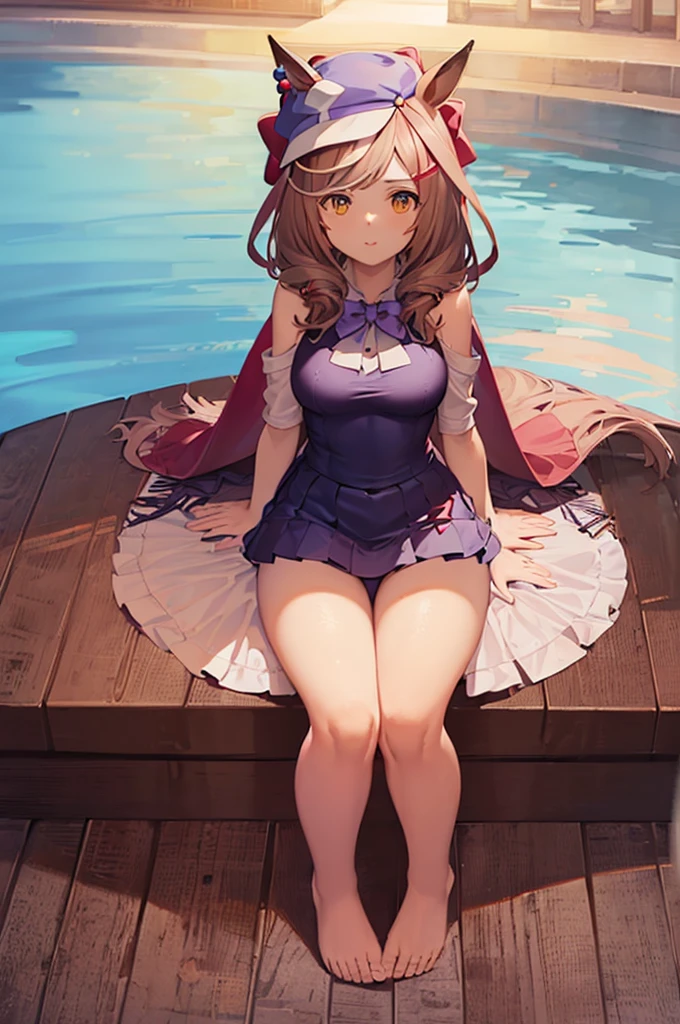 ((highest quality, masterpiece:1.3)), ((masterpiece)), Awareness-raising, highest quality, 1girl, solo, matikane tannhauser (umamusume), animal ears, horse ears,tail, horse tail, hat, big breasts, curvy, from below, poolside, sunny, school swimsuits, wet, sitting, crossing legs, raw thighs, forcas thighs, barefoot,