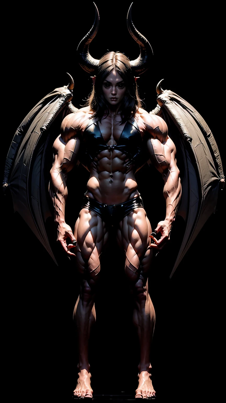 (megan fox), ((((((1 muscular demon girl)))))), (((huge upper body))), long hair, ((((huge demon wings))), (((pale skin))), (((sharp teeth, Huge horns, large nails))), navel, ((((full body front view)))), (((perfect hands, perfect fingers))), (((black empty background)))