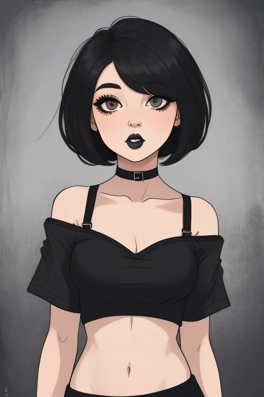Amazing portrait of a cute goth woman with her short black hair in a bob hairstyle and she's wearing heavy eyeliner around her eyes and she's gazing at you seductively she wears an off shoulder t shirt that is orange and black with black bra straps 