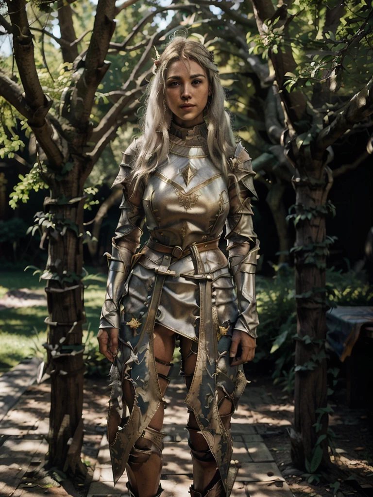 Full body view, (sharp focus: 1.5), (sharp focus:1.2), retrato, atractive young elven girl with white hair, (rosto bonito:1.1), olhos detalhados, delicious lips, (Maquiagem dos olhos:1.2), (corpo apertado:1.2), Vestindo (armadura elfica com entornos dourados:1.2) no (a floresta e ruinas:1.2). (morning sun lighting:1.2), profundidade de campo, Bokeh, 4k, HDR. por (James C.. Christensen:1.2|Jeremy Lipking:1.1).