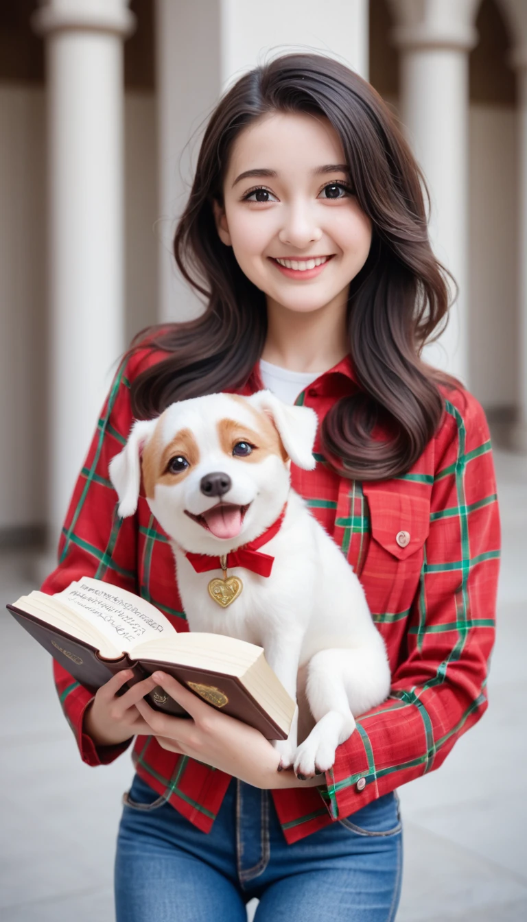 Cute dog. Nice puppy. Cute dog. Portrait of a lady in a white dress, Holding a book in slender hands, Expressing beauty and strength. Detailed portrait of an indigenous woman in cartoon style, With beautiful eyes, Smooth brushstrokes and bright colors. Cute dog. Nice puppy. A masterpiece of cute puppies, Has red and white fur. Italian girl posing, Delicate face, black hair, athletic body, Wearing red flannel and jeans. Soft hair, a happy expression, Lovely Italian.