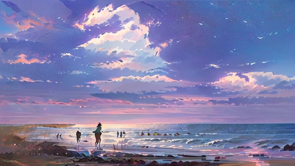 Painting of a woman riding a bicycle on the beach near the sea, inspired Lads, Concept Art | Rad, Makoto Shinkai. —h 2160, Lads, Makoto Shinkai cyril rolando, style of Makoto Shinkai, in style of Makoto Shinkai, By Atey Gairan, Rad!