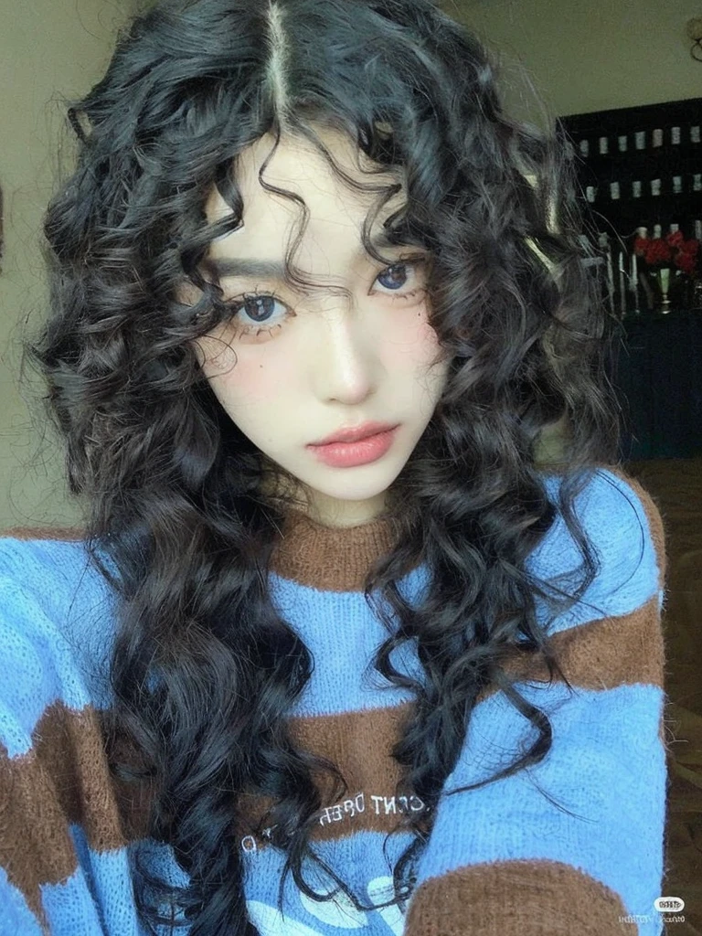 a close up of a woman with long black hair wearing a sweater, curly bangs, with long curly hair, curly middle part haircut, (dark shorter curly hair), with haunted eyes and curly hair, curly dark hair, her face framed with curls, long messy curly hair, ulzzang, curly hair, with long curly, curly, messy curly hair, curly haired