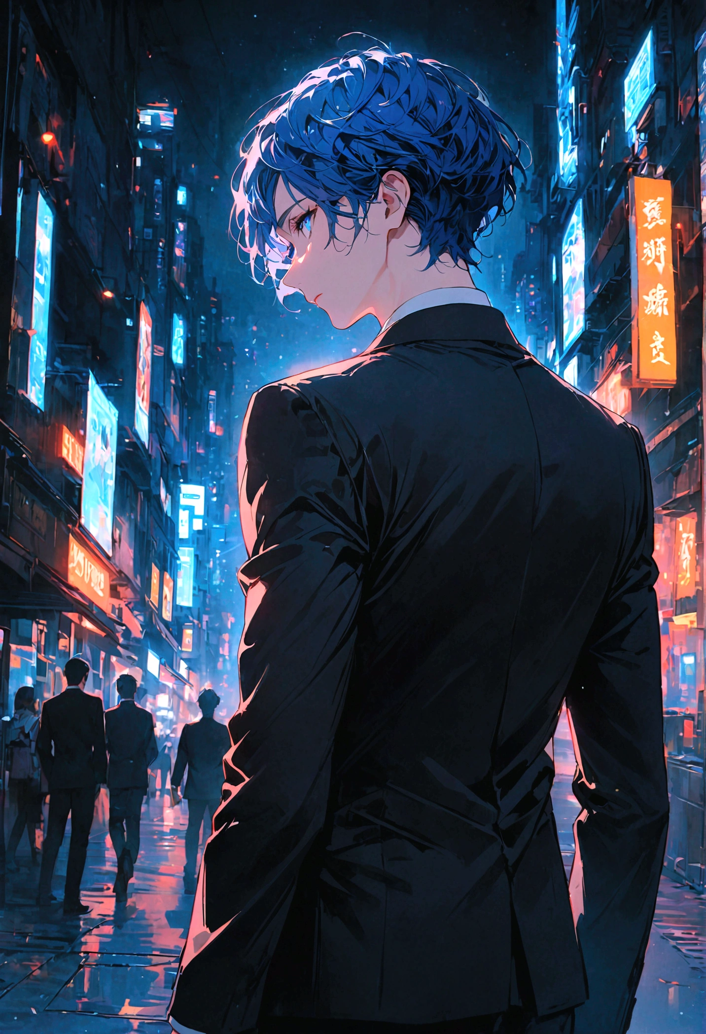 A man with blue hair and blue eyes in a black suit stood alone with his back turned halfway in the middle of the city at night.