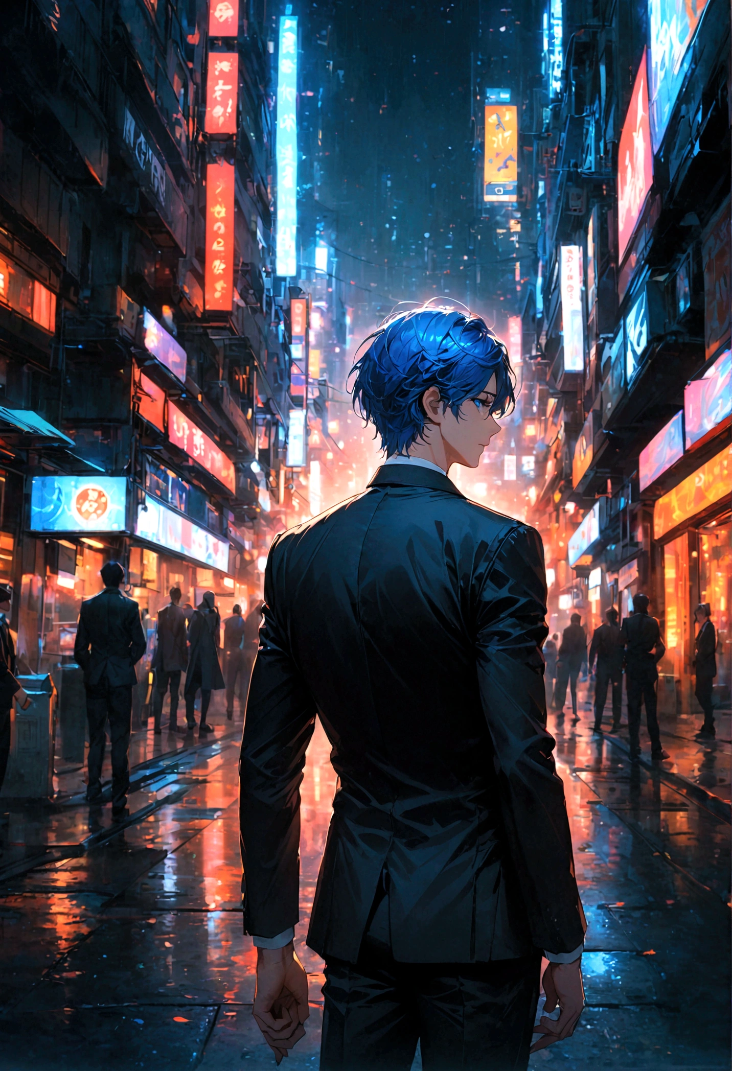 A man with blue hair and blue eyes in a black suit stood alone with his back turned halfway in the middle of the city at night.