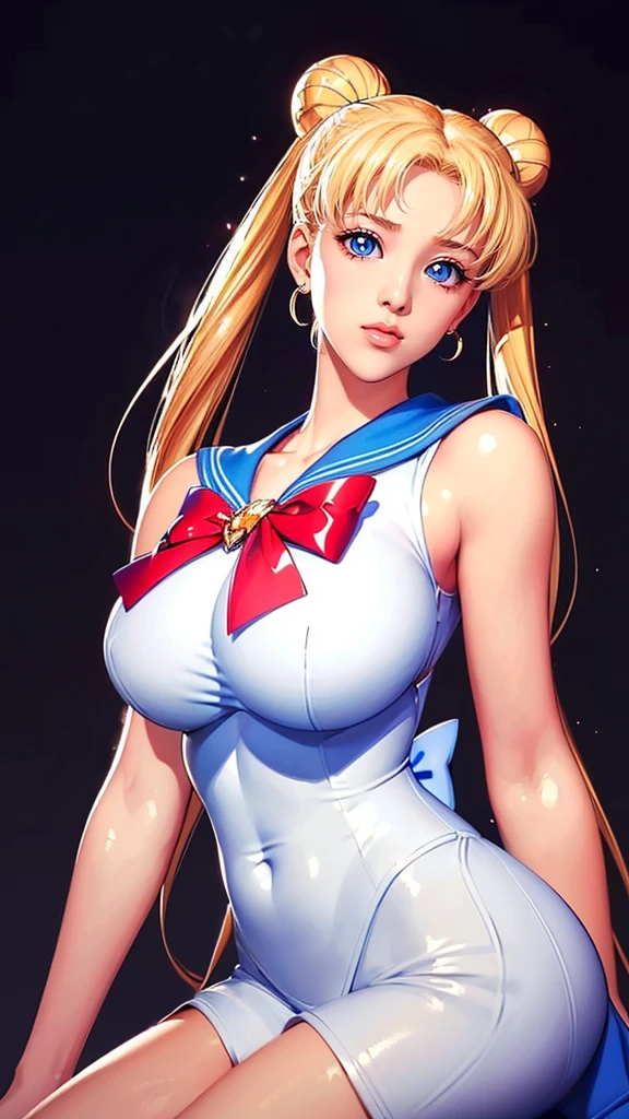 (（（Perfect body,White and tender skin,（（（Blue and white sailor suit, black high heels, and a bright red bow on the chest）））,（（（SMUsagiTsukino，Slender and soft golden hair, crystal clear and delicate skin, bright blue big eyes, thin cherry colored lips,,）））,((masterpiece)),highres,((Best quality at best)),masterpiece,quality,Best quality,(（（ Exquisite facial features,Looking at the audience,There is light in the eyes,(（（lol，happy））），）））,（（（Light and shadow,Huge breasts,）））,（（（Looking at the camera,black background,)））)