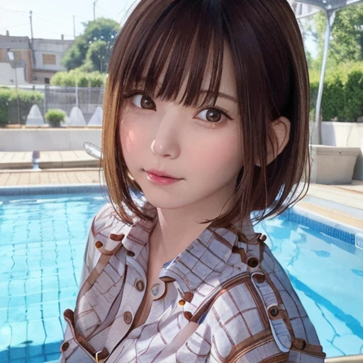 pureerosface_v1, best quality, photorealistic, 8k, high res, full color, 1girl, woman, 20 years old woman, (closed mouth:1.33), (portrait:0.6), trees, daylight, ((poolside background:1.52)), full color, ((buttoned shirt:1.88)), looking at viewer:1.8, (1girl eyes looking at viewer:1.55), (medium hair, brownihair, partedbangs:1.35), (bokeh),