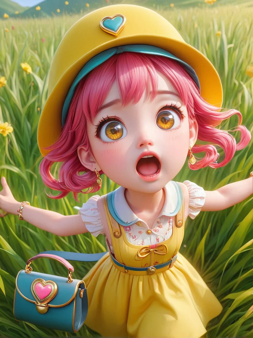 (Little),(masterpiece, highest quality, highest quality, Official Art, beautifully、aesthetic:1.2), Cute Goddess IP,Require,Little face,Grass,Red scar, Shocked look,Beautiful dress, Cute cartoon diagonal shoulder bag, Pink Hair, Yellow patterned wool hat, 1fkxc1