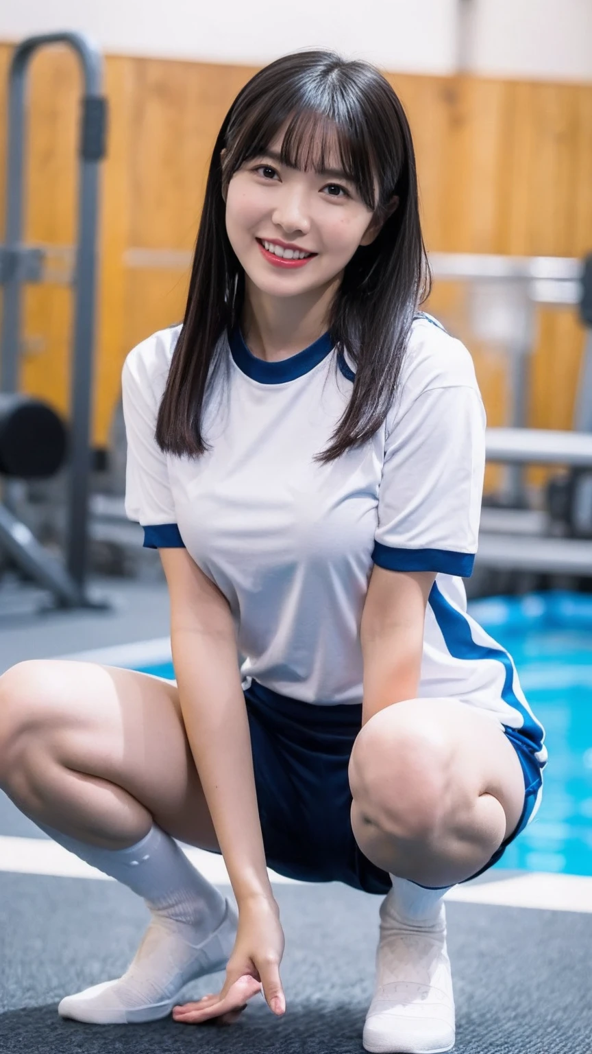 Ultra-high resolution,(reality: 1.4),highest quality, masterpiece, High detail, 16K quality, beautiful, 1 beautiful girl,Japanese,super beautiful face,Baby Face,Japanese idol face,Cute Face,Highly detailed face,Detailed hands,beautiful skin,Sweaty skin,Big eyes,Big smile,Professional Lighting,Medium Hair, Black Hair、bangs、Straight Long Hair、brown beautiful eyes, Gym suit,Navy bloomers in the school gym, White shirt, Short sleeve, squat,Spread your legs,Medium chest,Knee-high socks,She is looking at the camera,Poolside,blue sky,Browsing Caution,from the front,Erect nipples、Roll up your shirt、Place your hands behind your head