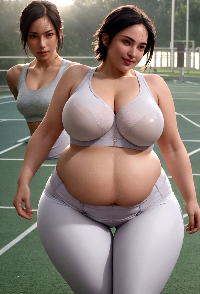 The highest image quality, High quality, 8K, (Realistic Photos:1.4), (One beautiful woman:1.33), Beautiful expression, Eyes and faces with detailed, sweaty skin, wet skin, (Thin sportswear:1.3), (Woman running on the running track), Smiling, (Beautiful lighting:1.3), Super Detail, high detailing, High quality, High resolution, cleavage, (medium breasts), (able to see shape of nipple:1.2), (very short hair), (Beautiful woman), (Wear tight short leggings), (Sports Bra:1.33), (You can see your nipples), cleavage, (Cute navel:1.3), (full body), (Depth of field f/1.8), (looking in camera:1.3), Sharp Focus, (The crotch is plump:1.4), wet crotch, wet skin,