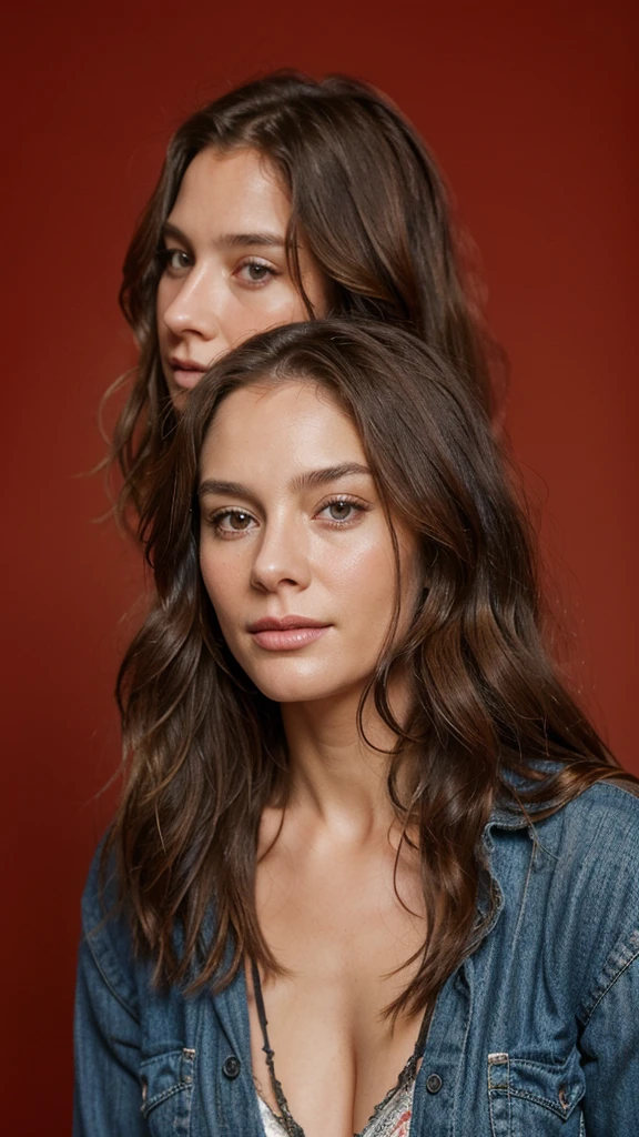 Realistic portrait of a 38-year-old woman. Long hair, beautiful woman, very natural face, perfect beauty, mix of Sandrine Quétier&#39;s face and Angelina Jolie&#39;s Lara Croft version. High resolution, 4k