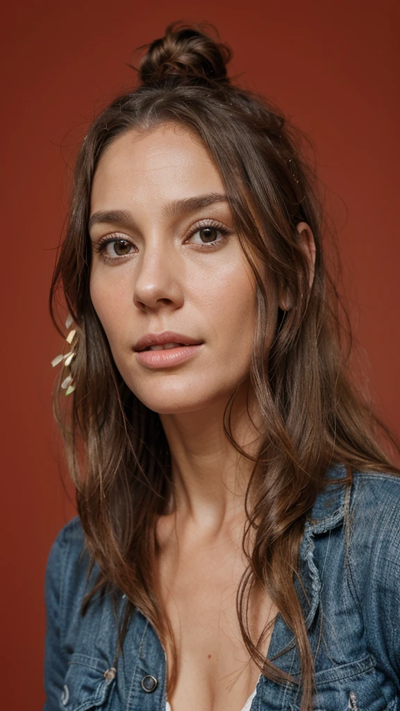 Realistic portrait of a 38-year-old woman. Long hair, beautiful woman, very natural face, perfect beauty, mix of Sandrine Quétier's face and Angelina Jolie's Lara Croft version. High resolution, 4k