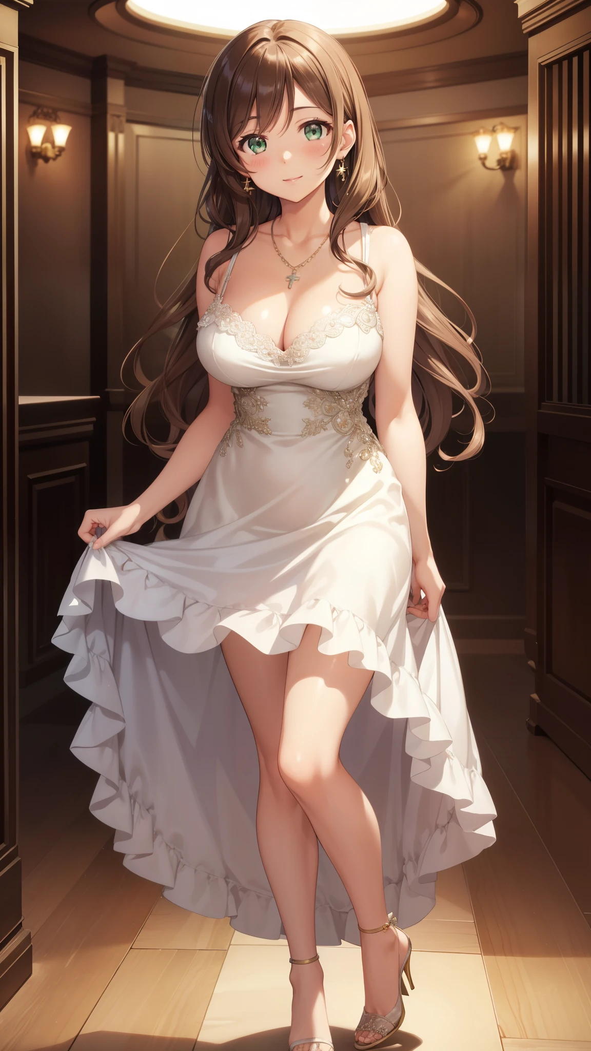 nozomitoujou, nozomi toujou, green eyes, brown hair, curly hair, breasts, masterpiece, best quality, high resolution, beautiful detailed eyes, extremely detailed face, good lighting, detailed CG, messy hair, glossy lips, light smile, ballgown, ballroom, cleavage, necklace, pendant, earrings, jewelry, high heels, standing