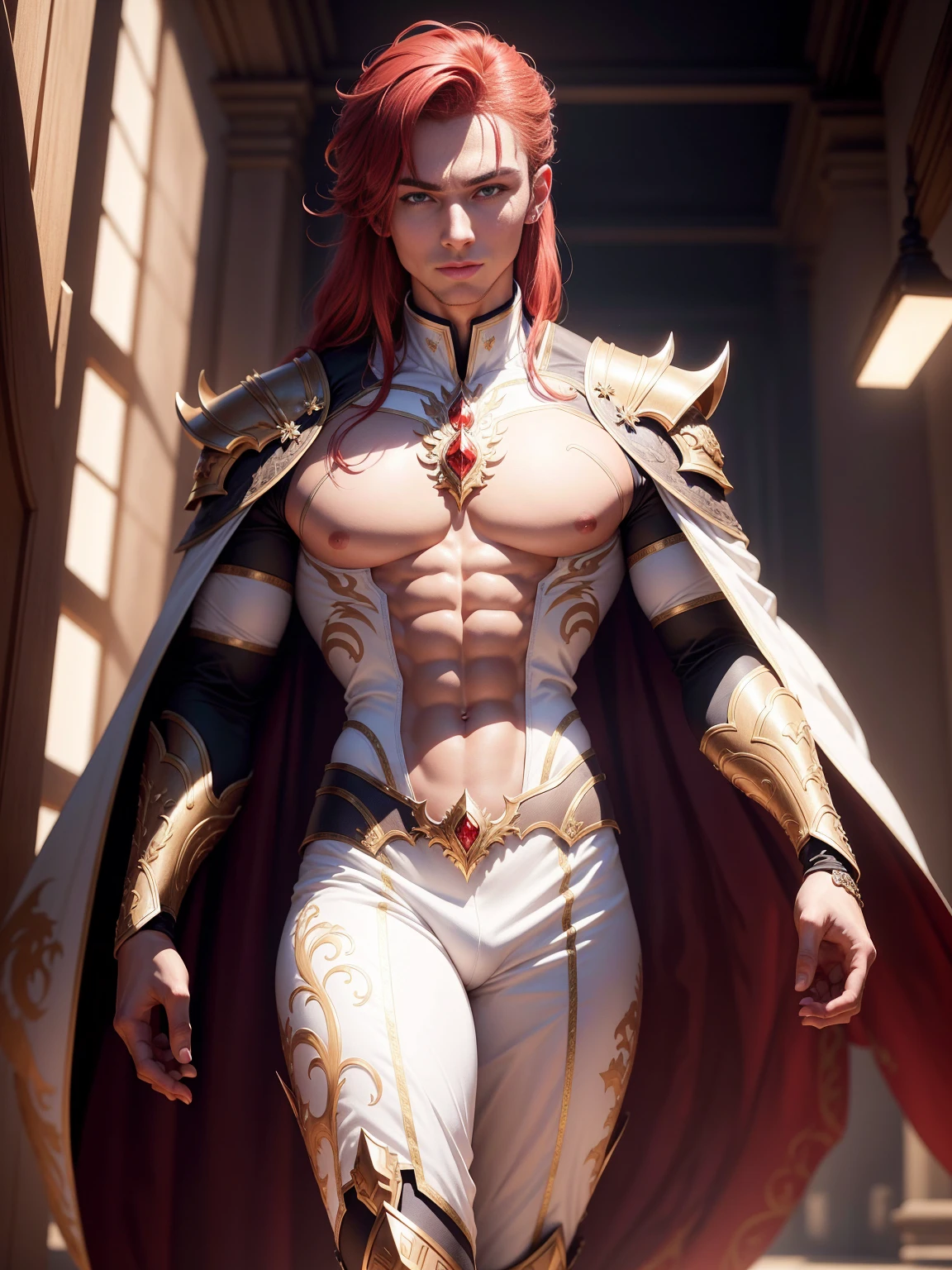 Mesa, Ultra-detailed photo of a beautiful male humanoid dragon, one-way, (((male))), Perfectly drawn face, Wearing a fancy white suit, Ride a red horse with a spear,High-grade gloves, 8K resolution, Realistic, super high quality, Long Hair, Gorgeous and detailed backgrounds, Covered navel, 32k, Short Red Hair, Thick lips, 曲線美のあるmale性, Perfect Anatomy, Cinema Lighting, Detailed in nature, White tetradic color, Volumetric lighting,Blonde