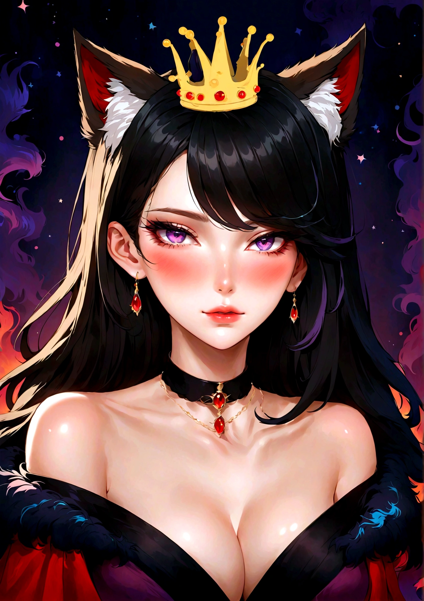 Anime illustrations,Smooth lines,clean and simple:美丽的女孩有一颗Beauty mark,Beauty mark:1.37,Black dots,(((She has a beauty spot:1.37))),Purple Eyes,Delicate lashes,Smooth skin,Long black hair,Wolf ears, Small Crown,Red dress with fur collar,Flame Background。Correct human anatomy