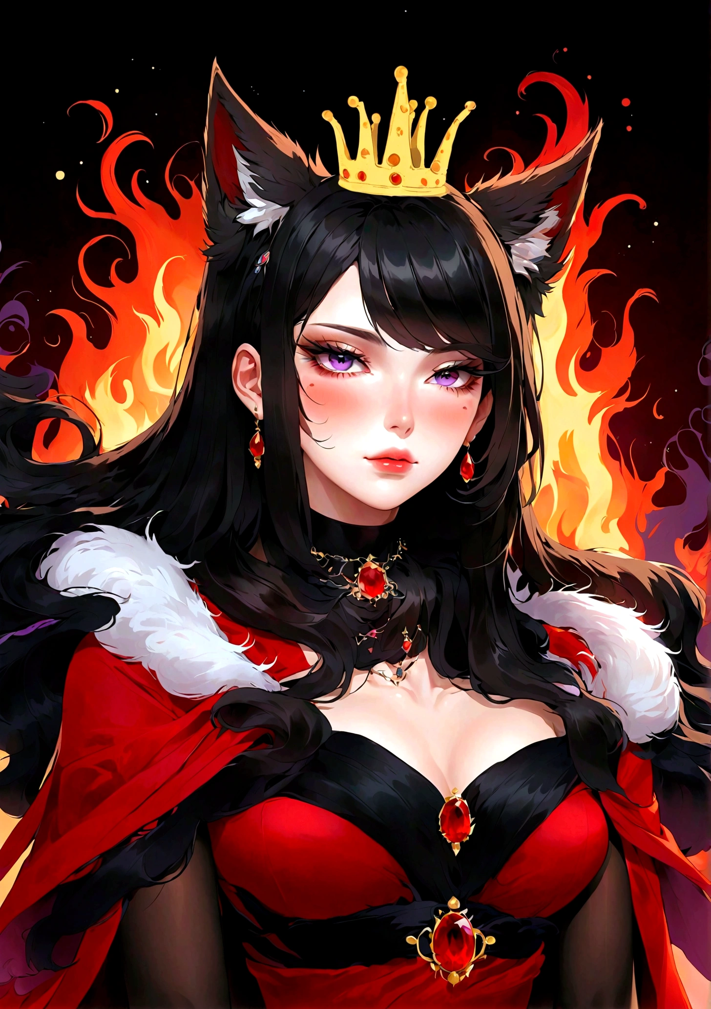 Anime illustrations,Smooth lines,clean and simple:美丽的女孩有一颗Beauty mark,Beauty mark:1.37,Black dots,(((She has a beauty spot:1.37))),Purple Eyes,Delicate lashes,Smooth skin,Long black hair,Wolf ears, Small Crown,Red dress with fur collar,Flame Background。Correct human anatomy