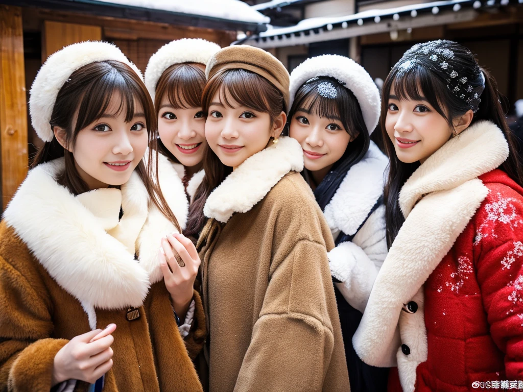 snow。furのコートを着た美しい日本の女性たちの写真。Traditional Japanese New Year Celebrations。着物の上にfurのコートを羽織った。Fisheye Lens、fur。Multiple women。