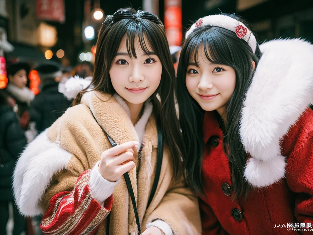 snow。furのコートを着た美しい日本の女性たちの写真。Traditional Japanese New Year Celebrations。着物の上にfurのコートを羽織った。Fisheye Lens、fur。Multiple women。