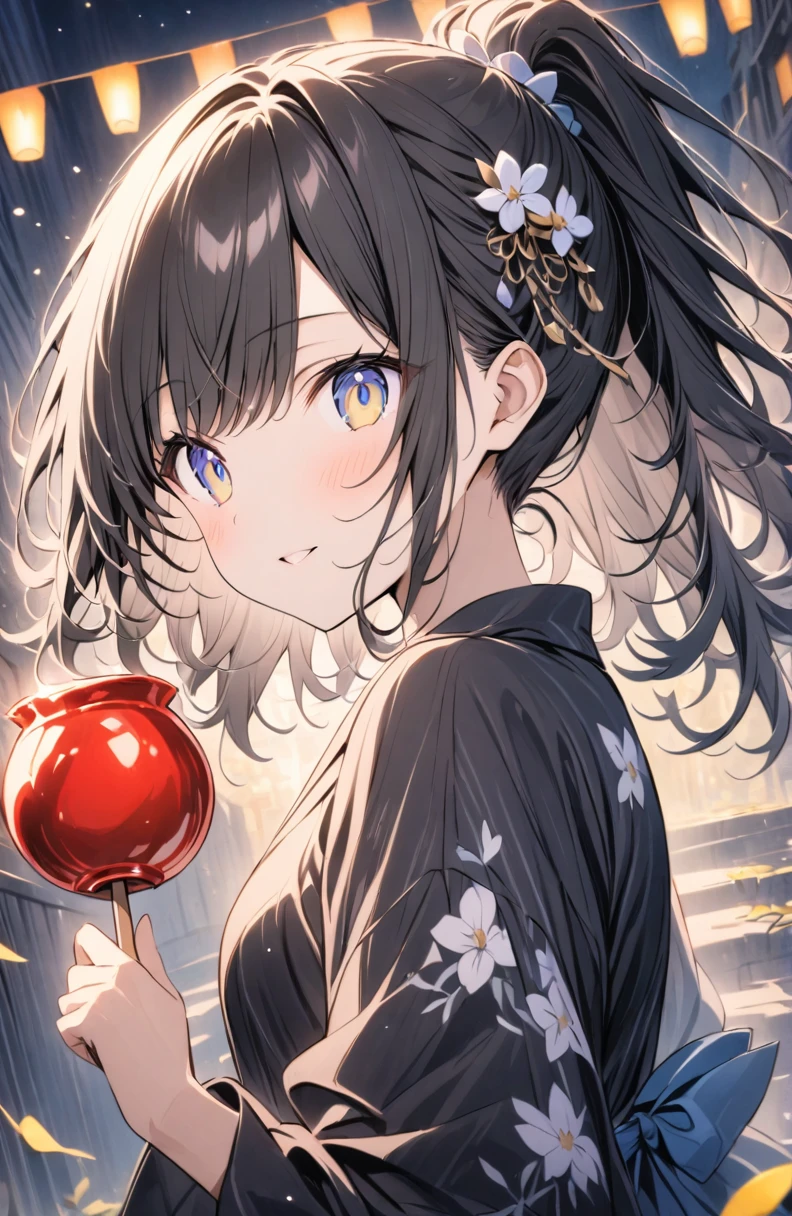 (masterpiece:1.2),(anime),、girl、cute、Black Hair、ponytail、hair ornaments、Girl wearing yukata、((Holding a candy apple in her hand)),Night stalls、Festivals、summer night、Light production、Beautiful artwork、Detailed drawing、A Scene of Youth、Fisheye Lens、Close-up