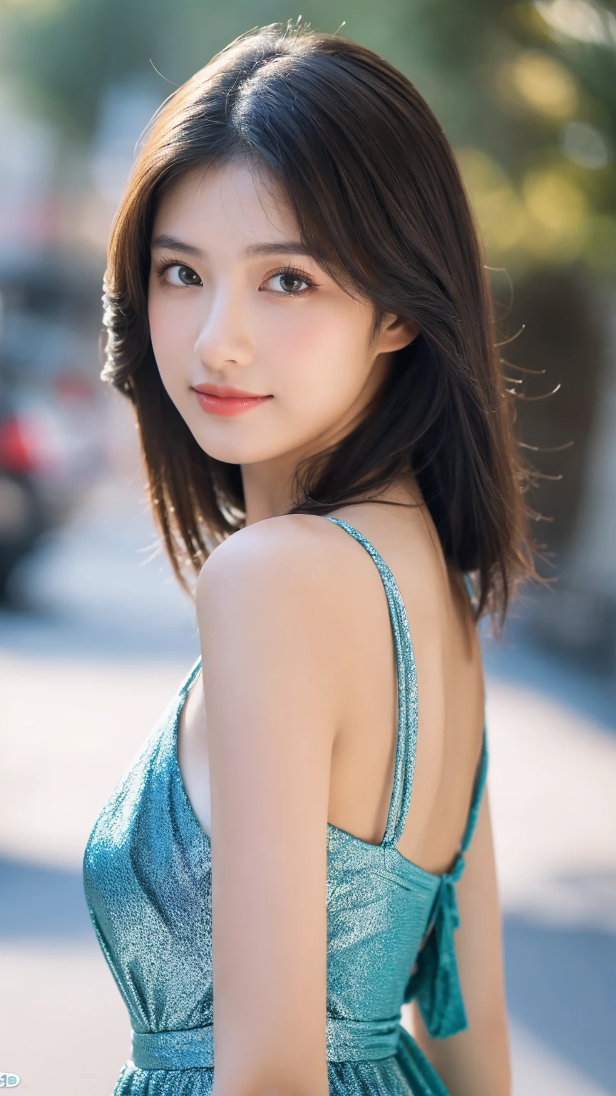 ((Best quality, 8K, masterpiece:1.3)),1girl,18 years old,Asian,Real texture:1.3,(Background blur:1.1),Gorgeous long dress,Tall and slender figure:1.2,(Hot summer weather),(street:1.3),Highly detailed face and skin textures,Exquisite eyes,Long eyelashes,Double eyelids,Skin Whitening,happy,Various postures