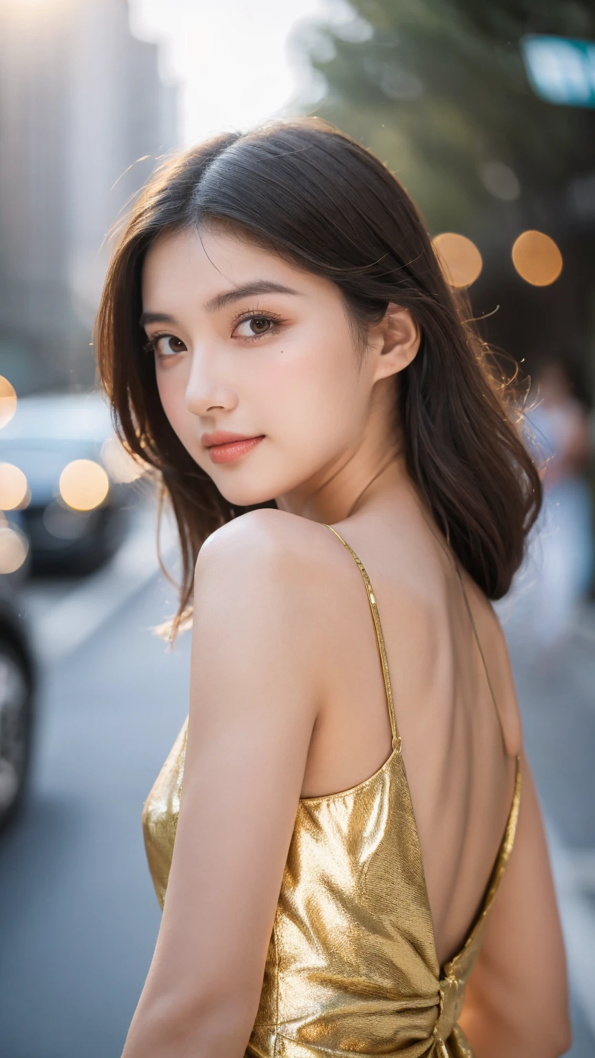 ((Best quality, 8K, masterpiece:1.3)),1girl,18 years old,Asian,Real texture:1.3,(Background blur:1.1),Gorgeous long dress,Tall and slender figure:1.2,(Hot summer weather),(street:1.3),Highly detailed face and skin textures,Exquisite eyes,Long eyelashes,Double eyelids,Skin Whitening,happy,Various postures
