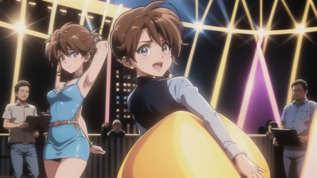 An anime-style illustration featuring a female character dancing to Bluegrass music. This version has the character with short, bobbed hair, wearing a modern outfit with a denim jacket, skirt, and cowboy boots. She is energetically dancing with a playful expression. The background is an urban outdoor scene with fairy lights, a small stage, and a cheering crowd, capturing the energetic atmosphere of a bluegrass performance in the city. The scene is vibrant and colorful, with detailed shading and gradients to add depth, and the character's eyes and facial expressions are emphasized to convey emotion.