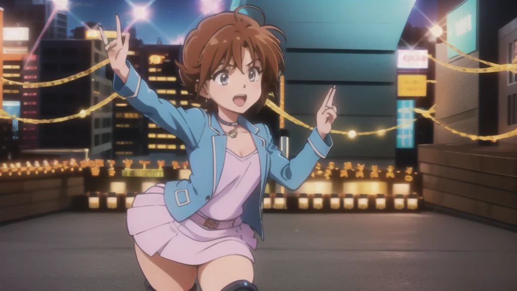 An anime-style illustration featuring a female character dancing to Bluegrass music. This version has the character with short, bobbed hair, wearing a modern outfit with a denim jacket, skirt, and cowboy boots. She is energetically dancing with a playful expression. The background is an urban outdoor scene with fairy lights, a small stage, and a cheering crowd, capturing the energetic atmosphere of a bluegrass performance in the city. The scene is vibrant and colorful, with detailed shading and gradients to add depth, and the character's eyes and facial expressions are emphasized to convey emotion.