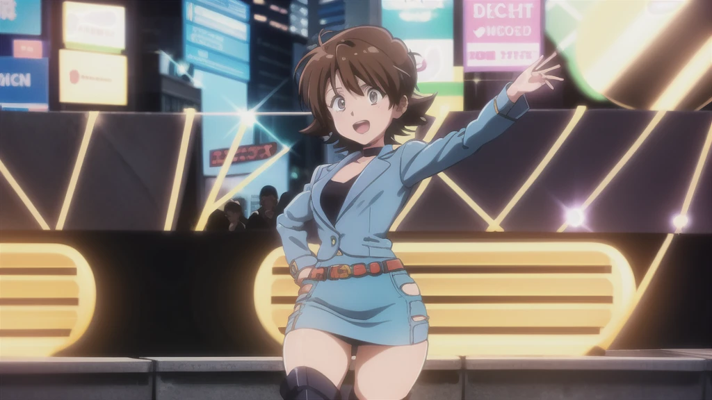 An anime-style illustration featuring a female character dancing to Bluegrass music. This version has the character with short, bobbed hair, wearing a modern outfit with a denim jacket, skirt, and cowboy boots. She is energetically dancing with a playful expression. The background is an urban outdoor scene with fairy lights, a small stage, and a cheering crowd, capturing the energetic atmosphere of a bluegrass performance in the city. The scene is vibrant and colorful, with detailed shading and gradients to add depth, and the character's eyes and facial expressions are emphasized to convey emotion.