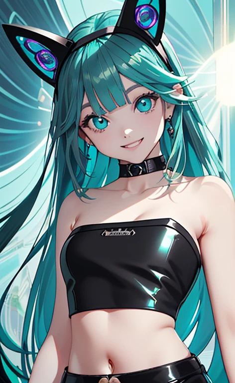 (Photorealistic:1.4)、(16-year-old:1.5),(masterpiece、lens flare、Exquisite beautiful eye:1.5,portlate:1.5),(),(kind eyes、tareme:1.9),(Close-up of face,face focus1.7)、Cute Face、 3D Face、(aqua hair:1.5)、(long hair,:1.5),(sidelock :1.5),(blunt bangs:1.3),(1 lgirl)、(aqua eyes:1.2)、(upper body:1.5)、(crazy smile:1.5)、().(),(head tilt) ,(),(flat chest),(),(black enamel strapless tube top ,black enamel micro shorts:1.5),(art background:1.5)、(Detail)、()、Slim Body(),Shiny Hair、
