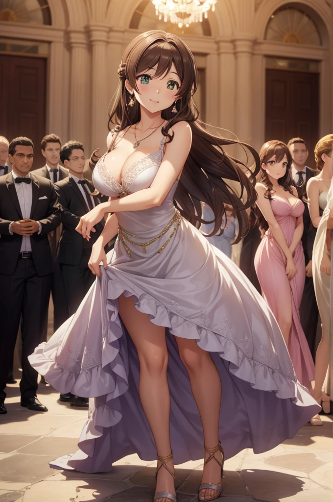 nozomitoujou, nozomi toujou, green eyes, brown hair, curly hair, breasts, masterpiece, best quality, high resolution, beautiful detailed eyes, extremely detailed face, good lighting, detailed CG, messy hair, glossy lips, light smile, ballgown, ballroom, cleavage, necklace, pendant, earrings, jewelry, high heels, standing, (crowd of dancers)