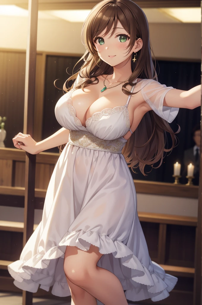 nozomitoujou, nozomi toujou, green eyes, brown hair, curly hair, breasts, masterpiece, best quality, high resolution, beautiful detailed eyes, extremely detailed face, good lighting, detailed CG, messy hair, glossy lips, light smile, ballgown, ballroom, cleavage, necklace, pendant, earrings, jewelry, high heels, standing, (crowd of dancers)