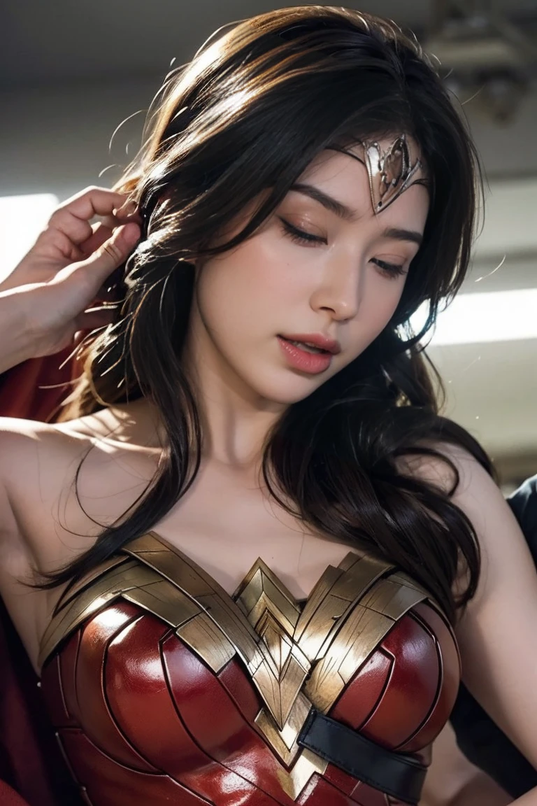 私はWonder Womanです、完璧なWonder Womanの衣装,押しDefeated,Defeated,A man mounts me,Face grabbed、Hug from the front,Hugged,Being strangled,You can hold it,Men lick my face with their tongues,The guys lick my head with their tongues,Men lick my hair with their tongues,My body is licked by men,sleeping face,Close ~ eyes,Open your mouth,Tired face,Face of Suffering,Being slapped in the face,Getting punched in the face,Fighting with men,Fight with the men,Surrounded by men,,Caught between the men,Being held back by men,Entanglement with males, Attacked by men,Brown Hair,  masterpiece、beautiful girl、fine 目、puffy eyes、highest quality, 超High resolution, (reality: 1.4), Cinema Lighting,so beautiful、Beautiful Skin、(超reality的な)、(High resolution)、(8k)、(Very detailed)、(beautiful and fine 目)、(Very detailed)、 Detailed face、Diagonal bangle hair、Brown Hair、20-year-old、Wonder Womanのコスプレ，Wonder Woman