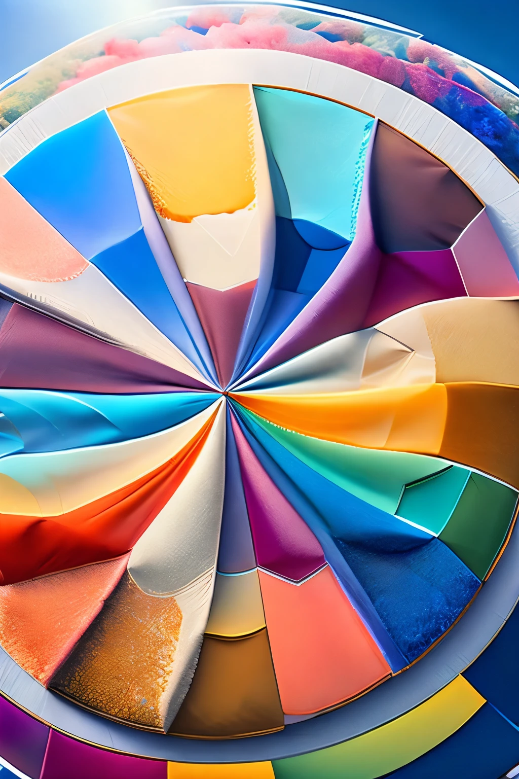 aerial view, best quality, super fine, 16k, 2.5D, delicate and dynamic, formation skydiving, various colors and shapes, abstract image, kaleidoscope effect, magic circle effect, clear skies, sunlight, atmospheric dust, subzero dust, beautiful colorful artwork, (magnificent views:1.4)