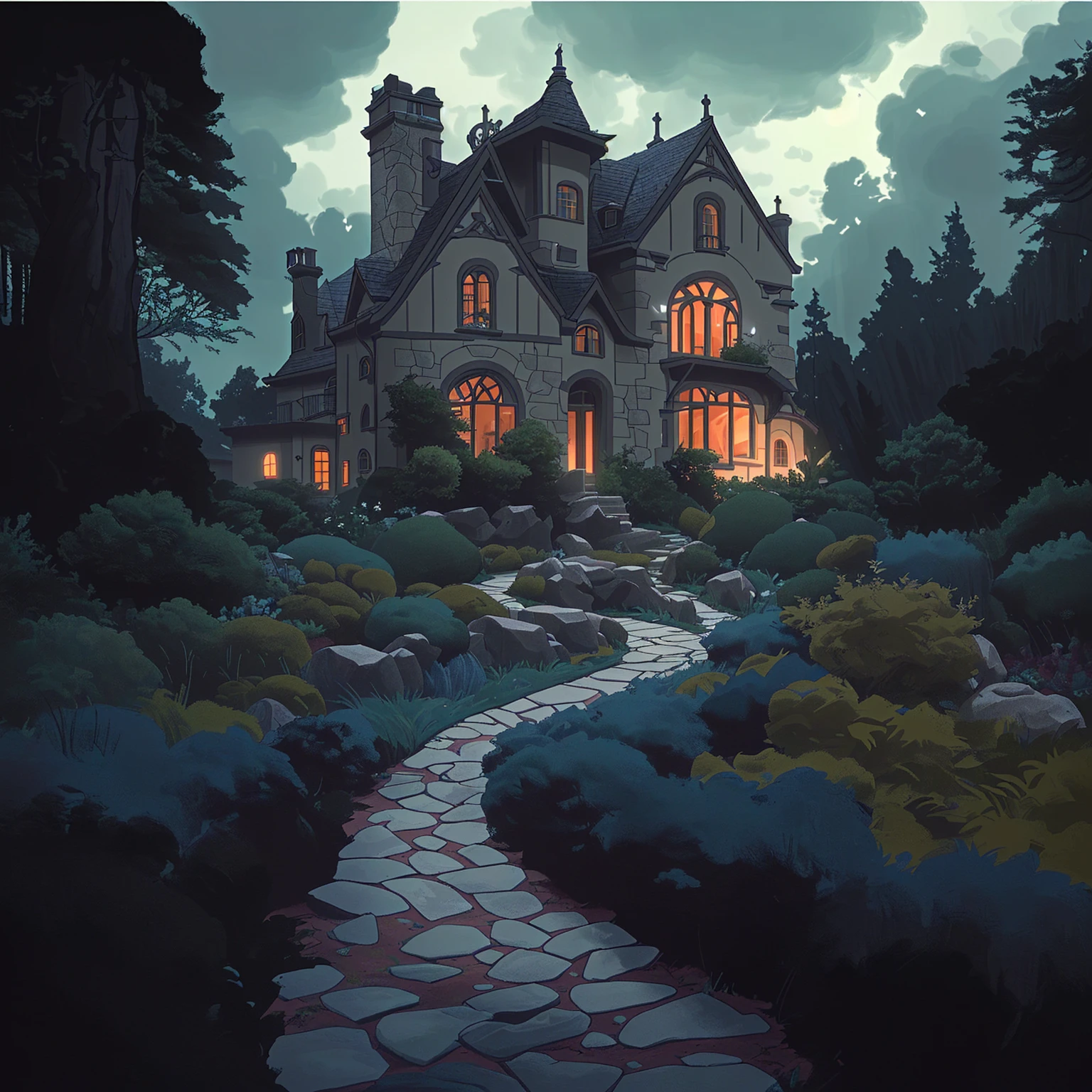 Dark windows with no light, a Romanesque Revival mansion accessed by a winding stone path surrounded by an English garden. There is a dense forest behind the house. There is a dark cloud above the house, which portends a downpour. The lights in the windows are off