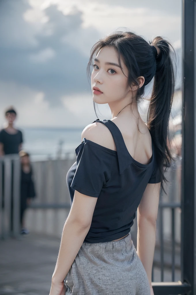 (Extremely detailed CG),(((8K))),wallpaper,((Extremely exquisite and beautiful)),(((masterpiece))),(((Best quality))),(((Ultra-high resolution))),Beautiful light,Realistic shadows,(Smooth and flawless fair skin:1.5),(Extremely delicate facial details:1.2),(Extremely detailed:1.5),((A beautiful girl,Solitary)),(Short Ponytail:1.2),(Small head:1.2),(Thin face:1.2),(Exquisite makeup:1.3),(Happy:1.2),(lol:1.2),(Perfect body:1.1),(Oversized dark navy grey short sleeve t-shirt:1.5),(Shoulders off the ground:1.3),(Bare back:1.3),(Towering hips:1.2),(Flat Angle:1.3),((Slim,Thin)),(From the back:1.3),(permanent:1.3),(Butt cracks:1.3),(At the school gate:1.3),(outdoor:1.2),(early summer:1.3),(Day scene:1.5),(cloudy:1.3),(surrounded by crowds:1.3),(Upper Body:1.3)