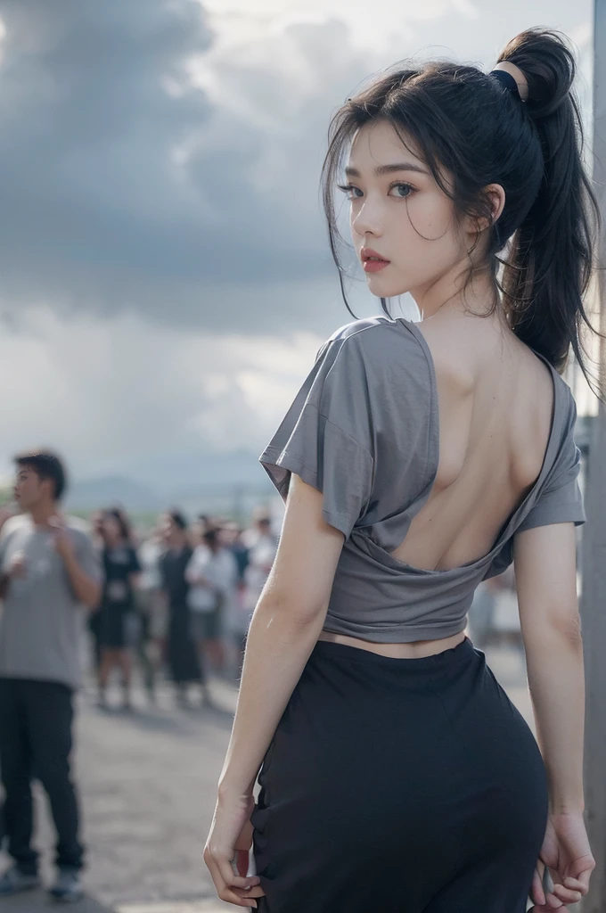 (Extremely detailed CG),(((8K))),wallpaper,((Extremely exquisite and beautiful)),(((masterpiece))),(((Best quality))),(((Ultra-high resolution))),Beautiful light,Realistic shadows,(Smooth and flawless fair skin:1.5),(Extremely delicate facial details:1.2),(Extremely detailed:1.5),((A beautiful girl,Solitary)),(Short Ponytail:1.2),(Small head:1.2),(Thin face:1.2),(Exquisite makeup:1.3),(Happy:1.2),(lol:1.2),(Perfect body:1.1),(Oversized dark navy grey short sleeve t-shirt:1.5),(Shoulders off the ground:1.3),(Bare back:1.3),(Towering hips:1.2),(Flat Angle:1.3),((Slim,Thin)),(From the back:1.3),(permanent:1.3),(Butt cracks:1.3),(At the school gate:1.3),(outdoor:1.2),(early summer:1.3),(Day scene:1.5),(cloudy:1.3),(surrounded by crowds:1.3),(Upper Body:1.3)