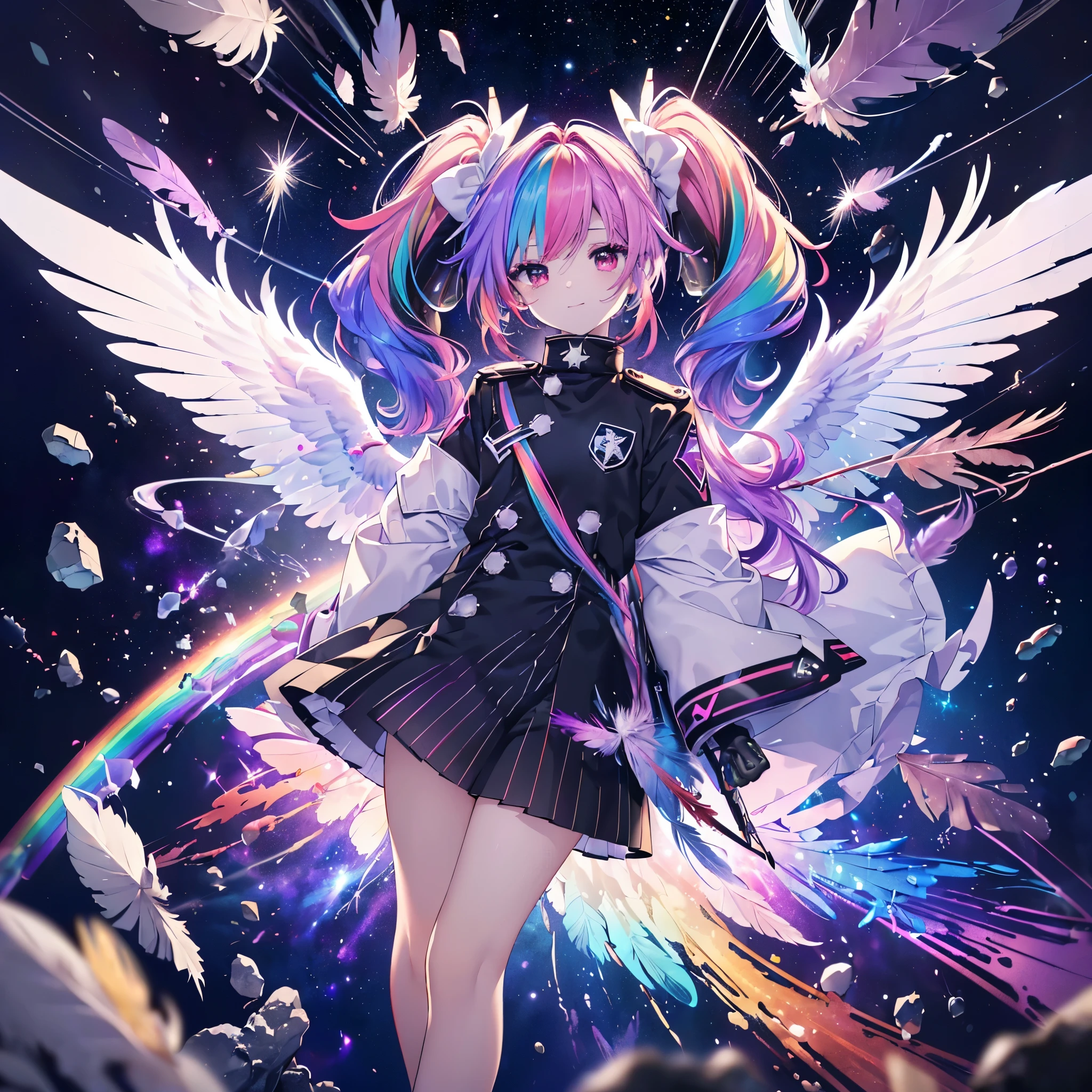 ((Archangel Fantasy Rainbow Hair Make your hair rainbow-colored on the inside Twin tails Dull red eyes Has a galaxy uniform Put on a coat without putting your arms through it Wings many times larger than mine rainbow gradient feathers Lonely Smiling Kindly front)) ((tears gloves)) (Broken glass Rolling Pebbles Distorted Space-Time star) Catch the wind milky way Shining Background Particles of light, rainbow colored edges star