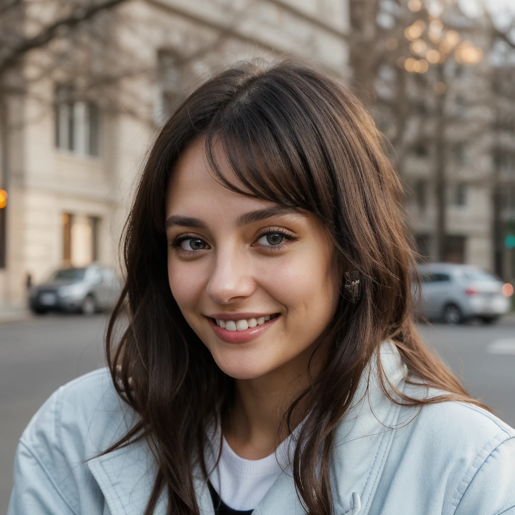 one cute women, 32YO, white, cute face, realistic light brown eyes, blue jacket, black hair, cute smile, skinny face, white realistic teethes, big eyes, long hair, no hands