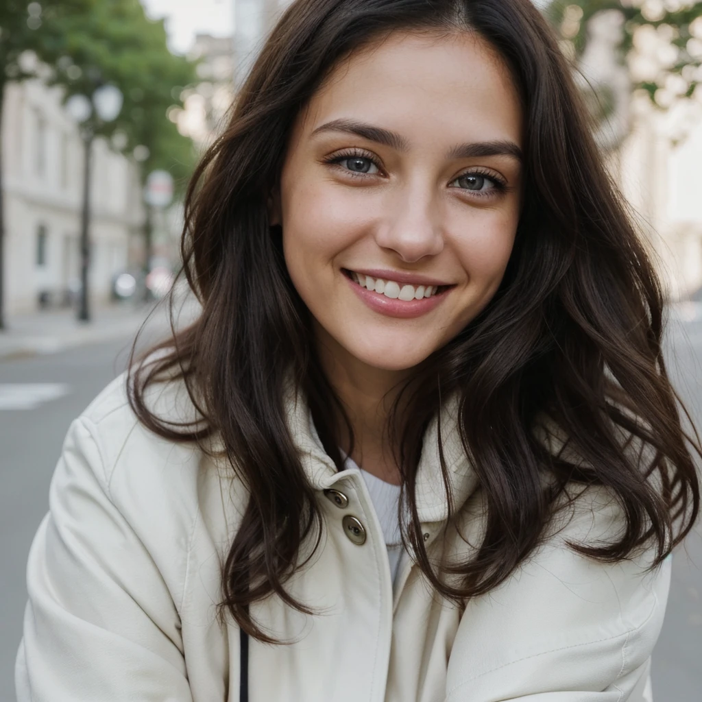 one cute women, 32YO, white, cute face, realistic light brown eyes, blue jacket, black hair, cute smile, skinny face, white realistic teethes, big eyes, long hair, no hands