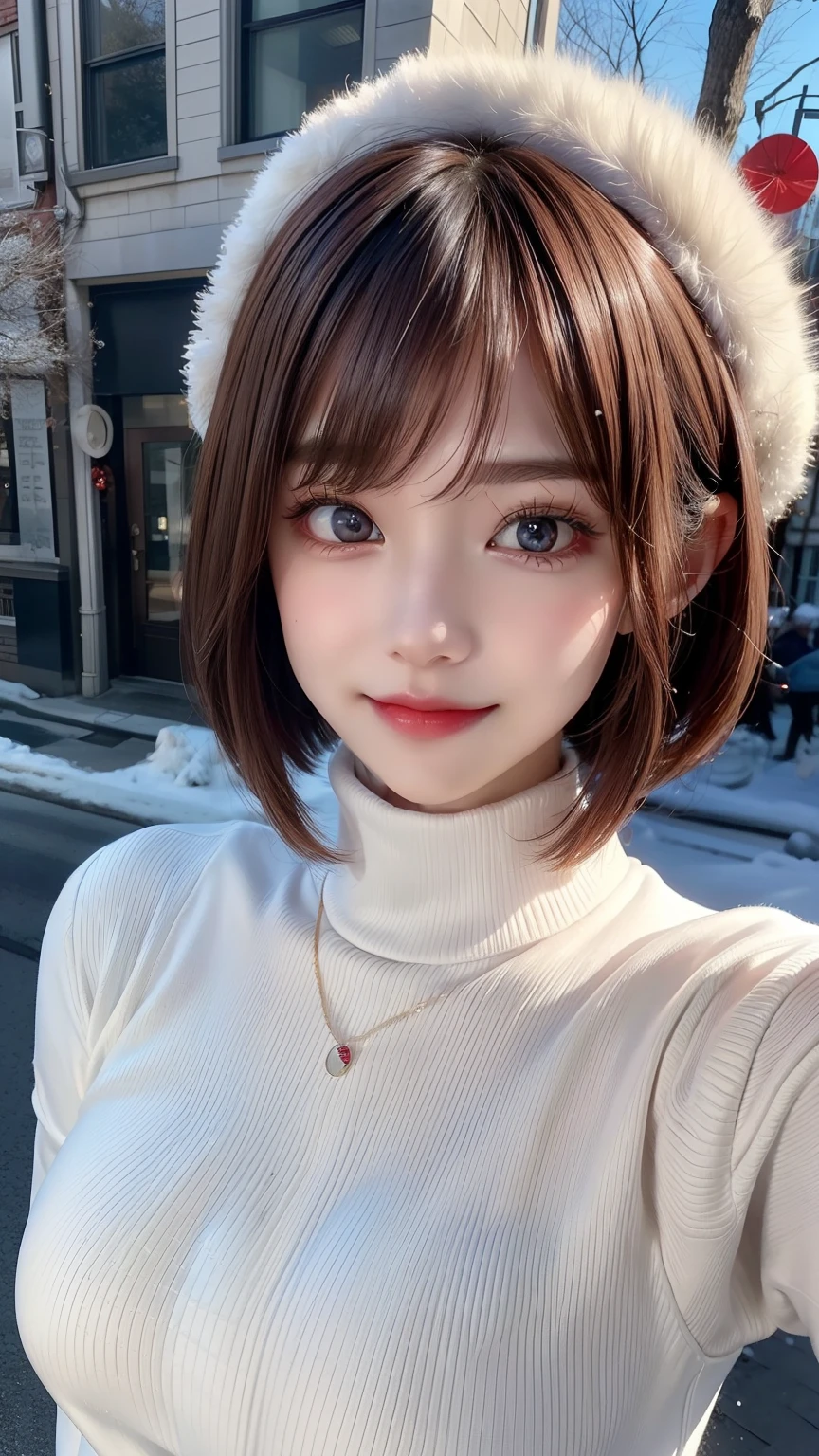 (masutepiece:1.4, top-quality、Very attractive adult beauty with a very cute smile:1.4、Add intense highlights to the eyes:1.4、Look firmly at the camera、Beautiful woman full of adult charm:1.4),1girl in, solo, Light brown shiny hair, muffler,Santa Claus hat:1.4,realisitic, looking at the viewers, Bright colored crystal light blue eyes:1.4, short shiny hair, Santa Claus Starneck Knit、 Red and white costume of Santa Claus in a turtleneck with a round hole in the center of the chest:1.4,Sexy red and white turtleneck knit sweater with round hole in the center of chest:1.4、 s lips, lipgloss:1.4,bangss, The upper part of the body、big eye、Lashes、The face is a little red:1.4、Embarrassing)、((Canada's tree-lined streets in winter:1.4))、((Brunette short bob hair with bangs、big eye、Put very strong highlights in your students:1.4、{Gigantic|Big|Huge|Mega} breasts:1.4、very Bigger breasts、gazing at viewer、Very beautiful beauty、Put your ears out:1.4、long neck:1.4、little smiling、Beautiful teeth、Open your mouth and smile:1.4))、28 year old:1.4、Very cute supermodel:1.4、
