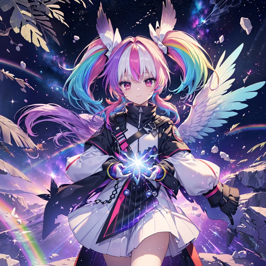 ((Archangel Fantasy Rainbow Hair Make your hair rainbow-colored on the inside Twin tails Dull red eyes Has a galaxy uniform Put on a coat without putting your arms through it Wings many times larger than mine rainbow gradient feathers Lonely Smiling Kindly front)) ((tears gloves)) (Broken glass Rolling Pebbles Distorted Space-Time star) Catch the wind milky way Shining Background Particles of light, rainbow colored edges star