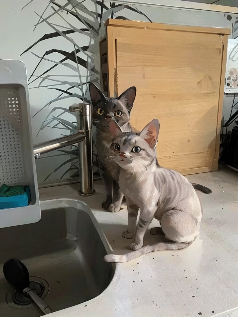 The picture should be drawn with a thin line. Two cats should be depicted in the manner of a cartoon (e.g. from a manga)