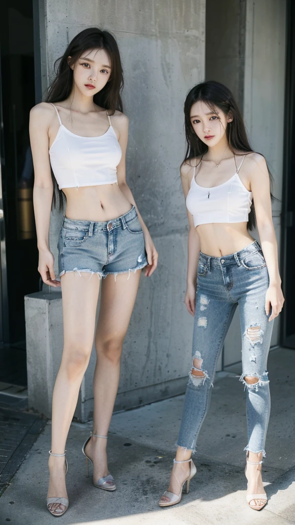 (8K、RAW photos、最high quality、masterpiece:1.5),((((The two stand:1.5)))),(((Both of them have pants that are longer than half their height..:1.2))),((Bare Legs)),((They are both very slim.)),((((These two girls look exactly like K-pop star Wonyoung:1.5)))),((Their legs are super thin.:1.2)),((Both are 173cm tall)),((They are both the same height)),((The two of them are supermodels: 1.2)),(((((Both of them took full-body photos: 1.8))))),(((You should both face forward with your entire body.:1.5))),((Low Angle:1.5)), Super slim waist: 1.2, Thin hips,open navel,完璧なSuper thin thighs: 1.2),(((They both have very slim figures..))),((Both of them are wearing transparent distressed denim micro .:1.3)),((Both are 18 years old)),(Both nipples are erect.:1.5), (((Both are extremely exposed.:1.5))),(No:1.5),(Nipple penetration:1.5),Highly detailed face and skin textures,Symmetrical face, beautiful eyes, Pretty Face,Balanced Eyes, Fair Asian skin, Ultra-realistic details, Natural shadows,(the buttocks are very small),Large, firm breasts, Extra long thighs,(Super thin thighs),(Super thin calves),((Small butt)),Super muscular body,Super tight waist,More focus on abdominal muscles,((They both have super strong abdominal muscles;1.3)),Super slim waist,((White high heels:1.3)),Lengthen your limbs,Taken from 25 cm above the ground:1.5,(((Standing on the sidewalk in front of a trendy upscale restaurant:1.5))),(Both of them wore shorts, transparent, White Mini Camisole:1.3), (((The abdomen is open:1.3))),hands on hips,Both of them face forward,Extra long arm,Thin Hands,(Black long hair),((They both stood up straight..)),(Keep your hips facing forward),Both of them are beautiful with 8 head to body ratio.,The ankles are thin,The arms are very slender,muscular,Super thin legs,muscular,Make your arms slimmer,Ultra Slender、muscular的双腿,Both of them have super long legs.,Thin mid-thigh,muscular且小腿非常纤细,Super muscles and slim thighs,Very tight waist,(Both of them have pants that are longer than half their height..Beautiful legs),The thighs are particularly thin,delicate skin,Firming skin,(((Both should fit from the top of the head to the toes of the heel..:1.5))),(((Both have))),她们俩都有Ultra Slender的肌肉腿.,((sunny afternoon:1.3)),midsummer:1.5,Glimpse of her white, Super detailed, High Detail, high quality, Awards,high resolution,((Anatomically correct))