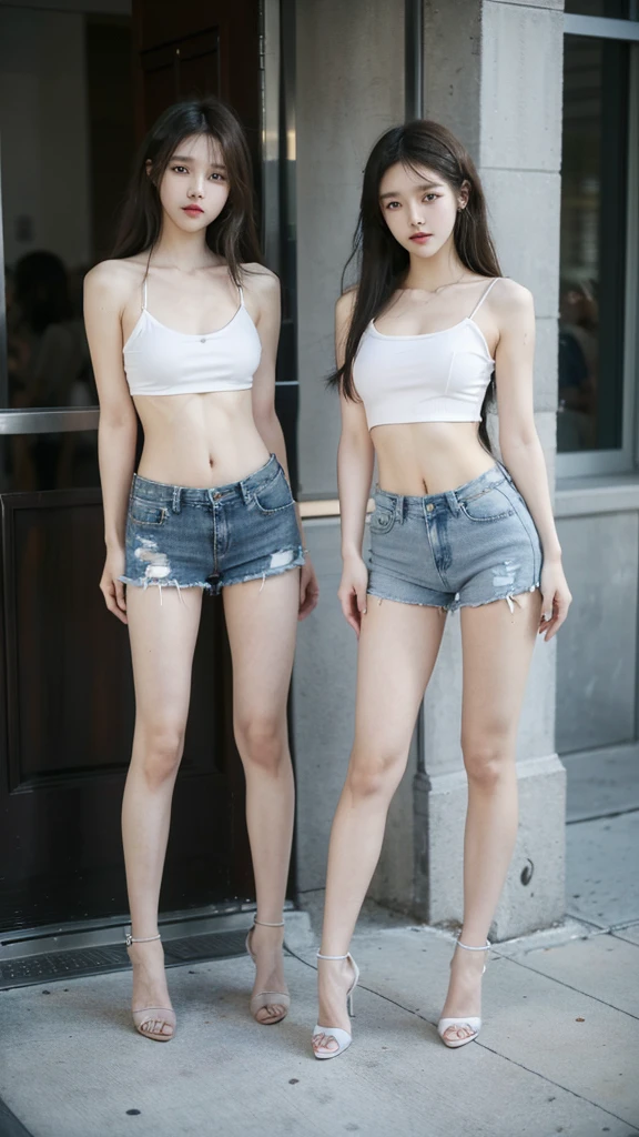 (8K、RAW photos、最high quality、masterpiece:1.5),((((The two stand:1.5)))),(((Both of them have pants that are longer than half their height..:1.2))),((Bare Legs)),((They are both very slim.))，((((These two girls look exactly like K-pop star Wonyoung:1.5)))),((Their legs are super thin.:1.2)),((Both are 173cm tall)),((They are both the same height)),((The two of them are supermodels: 1.2)),(((((Both of them took full-body photos: 1.8))))),(((You should both face forward with your entire body.:1.5))),((Low Angle:1.5)), Super slim waist: 1.2, Thin hips,open navel,完璧なSuper thin thighs: 1.2),(((They both have very slim figures..))),((Both of them are wearing transparent distressed denim micro .:1.3)),((Both are 18 years old)),(Both nipples are erect.:1.5), (((Both are extremely exposed.:1.5))),(No:1.5),(Nipple penetration:1.5),Highly detailed face and skin textures,Symmetrical face, beautiful eyes, Pretty Face,Balanced Eyes, Fair Asian skin, Ultra-realistic details, Natural shadows,(the buttocks are very small),Large, firm breasts, Extra long thighs,(Super thin thighs),(Super thin calves),((Small butt)),Super muscular body,Super tight waist,More focus on abdominal muscles，((They both have super strong abdominal muscles;1.3)),Super slim waist,((White high heels:1.3)),Lengthen your limbs,Taken from 25 cm above the ground:1.5,(((Standing on the sidewalk in front of a trendy upscale restaurant:1.5))),(Both of them wore shorts, transparent, White Mini Camisole:1.3), (((The abdomen is open:1.3))),hands on hips,Both of them face forward，Extra long arm,Thin Hands,(Black long hair),((They both stood up straight..)),(Keep your hips facing forward),Both of them are beautiful with 8 head to body ratio.,The ankles are thin,The arms are very slender，muscular,Super thin legs，muscular,Make your arms slimmer,Ultra Slender、muscular的双腿,Both of them have super long legs.,Thin mid-thigh,muscular且小腿非常纤细,Super muscles and slim thighs,Very tight waist,(Both of them have pants that are longer than half their height..Beautiful legs),The thighs are particularly thin,delicate skin,Firming skin,(((Both should fit from the top of the head to the toes of the heel..:1.5))),(((Both have))),她们俩都有Ultra Slender的肌肉腿.,((sunny afternoon:1.3)),midsummer:1.5,Glimpse of her white, Super detailed, High Detail, high quality, Awards,high resolution,((Anatomically correct))