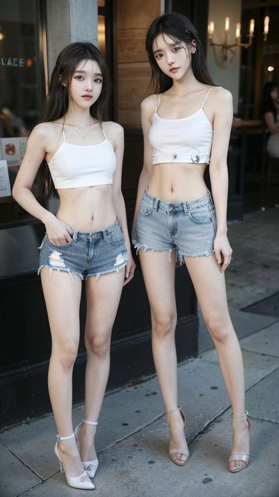 (8K、RAW photos、最high quality、masterpiece:1.5),((((The two stand:1.5)))),(((Both of them have pants that are longer than half their height..:1.2))),((Bare Legs)),((They are both very slim.)),((((These two girls look exactly like K-pop star Wonyoung:1.5)))),((Their legs are super thin.:1.2)),((Both are 173cm tall)),((They are both the same height)),((The two of them are supermodels: 1.2)),(((((Both of them took full-body photos: 1.8))))),(((You should both face forward with your entire body.:1.5))),((Low Angle:1.5)), Super slim waist: 1.2, Thin hips,open navel,完璧なSuper thin thighs: 1.2),(((They both have very slim figures..))),((Both of them are wearing transparent distressed denim micro .:1.3)),((Both are 18 years old)),(Both nipples are erect.:1.5), (((Both are extremely exposed.:1.5))),(No:1.5),(Nipple penetration:1.5),Highly detailed face and skin textures,Symmetrical face, beautiful eyes, Pretty Face,Balanced Eyes, Fair Asian skin, Ultra-realistic details, Natural shadows,(the buttocks are very small),Large, firm breasts, Extra long thighs,(Super thin thighs),(Super thin calves),((Small butt)),Super muscular body,Super tight waist,More focus on abdominal muscles,((They both have super strong abdominal muscles;1.3)),Super slim waist,((White high heels:1.3)),Lengthen your limbs,Taken from 25 cm above the ground:1.5,(((Standing on the sidewalk in front of a trendy upscale restaurant:1.5))),(Both of them wore shorts, transparent, White Mini Camisole:1.3), (((The abdomen is open:1.3))),hands on hips,Both of them face forward,Extra long arm,Thin Hands,(Black long hair),((They both stood up straight..)),(Keep your hips facing forward),Both of them are beautiful with 8 head to body ratio.,The ankles are thin,The arms are very slender,muscular,Super thin legs,muscular,Make your arms slimmer,Ultra Slender、muscular的双腿,Both of them have super long legs.,Thin mid-thigh,muscular且小腿非常纤细,Super muscles and slim thighs,Very tight waist,(Both of them have pants that are longer than half their height..Beautiful legs),The thighs are particularly thin,delicate skin,Firming skin,(((Both should fit from the top of the head to the toes of the heel..:1.5))),(((Both have))),她们俩都有Ultra Slender的肌肉腿.,((sunny afternoon:1.3)),midsummer:1.5,Glimpse of her white, Super detailed, High Detail, high quality, Awards,high resolution,((Anatomically correct))
