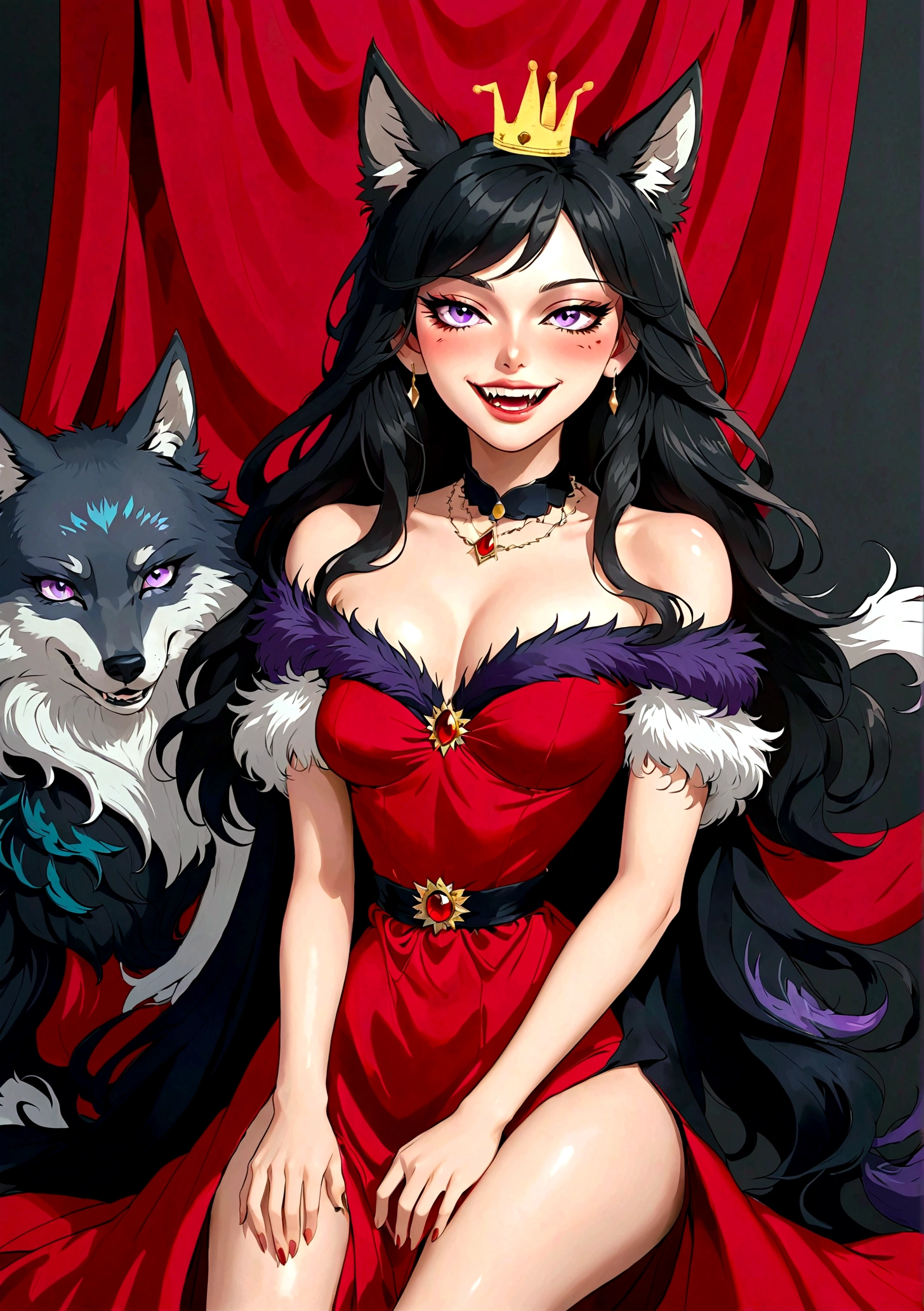 A beautiful illustration：Beautiful girl sitting elegantly，(((She has a beauty spot:1.37)))，Purple Eyes，Delicate lashes，laughing out loud，Fangs，Smooth skin，Long black hair，Wolf ears， Small Crown，Red dress with fur collar，Long legs，Fierce gray wolf background。Correct human anatomy