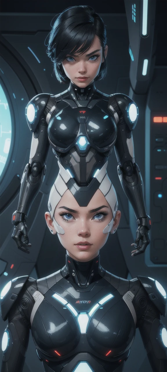 there is a woman standing in front of a robot with a headband, gorgeous kacey rohl, eve ventrue, adobe after effects, two identical symmetrical eyes, sean harris, beautiful face + symmetry face, symetrical detailed faces, desaturated and muted colors, characters from machinarium, transhumanism