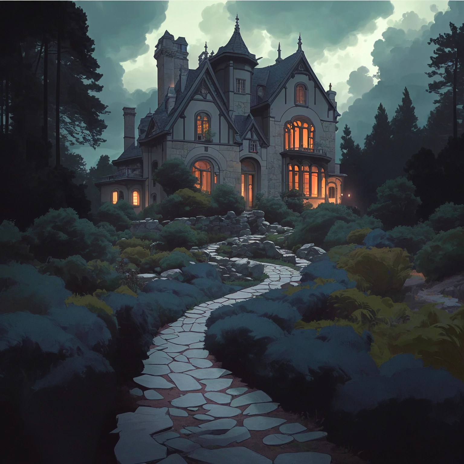 Dark windows with no light, a Romanesque Revival mansion accessed by a winding stone path surrounded by an English garden. There is a dense forest behind the house. There is a dark cloud above the house, which portends a downpour. The lights in the windows are off