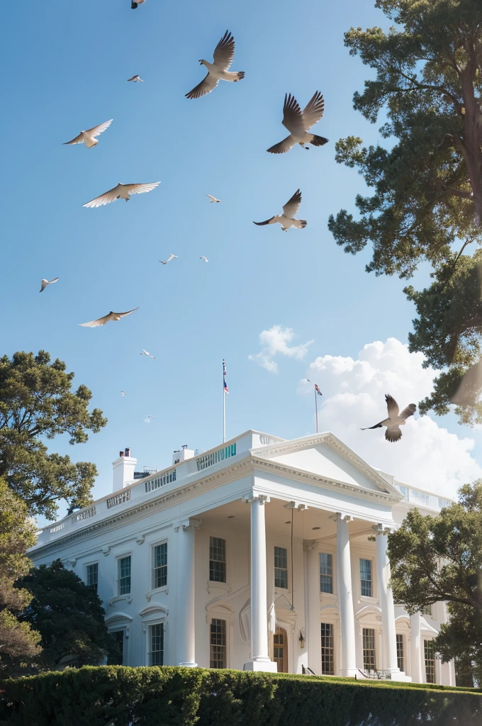 a White House with birds flying overhead